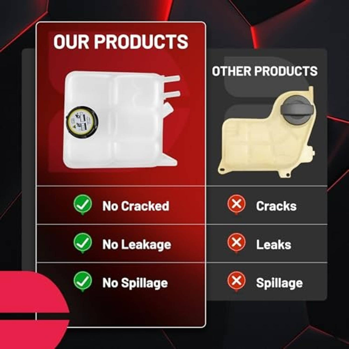 White coolant reservoir with black cap shown in product comparison panel