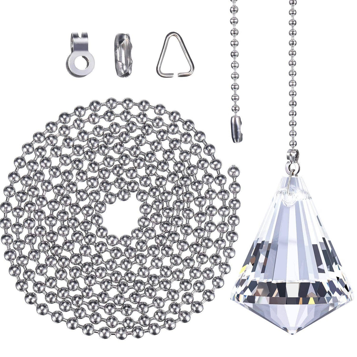 Crystal pull chain set with bead chain, teardrop prism pull, and mounting hardware