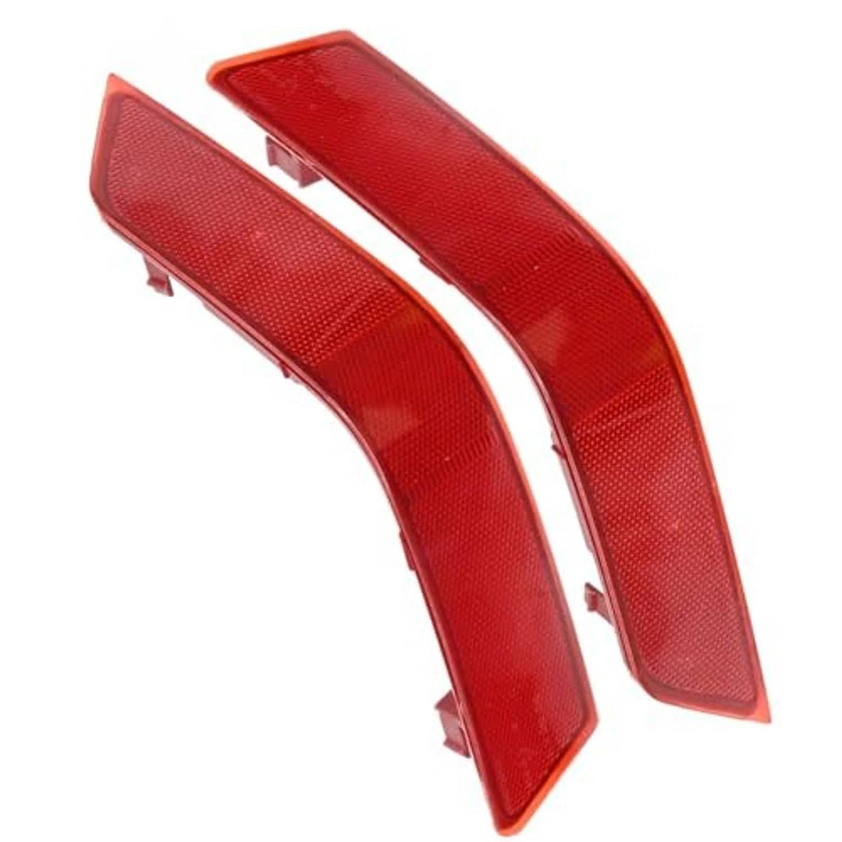 Two red rear bumper reflector inserts with textured lens and plastic mounting tabs