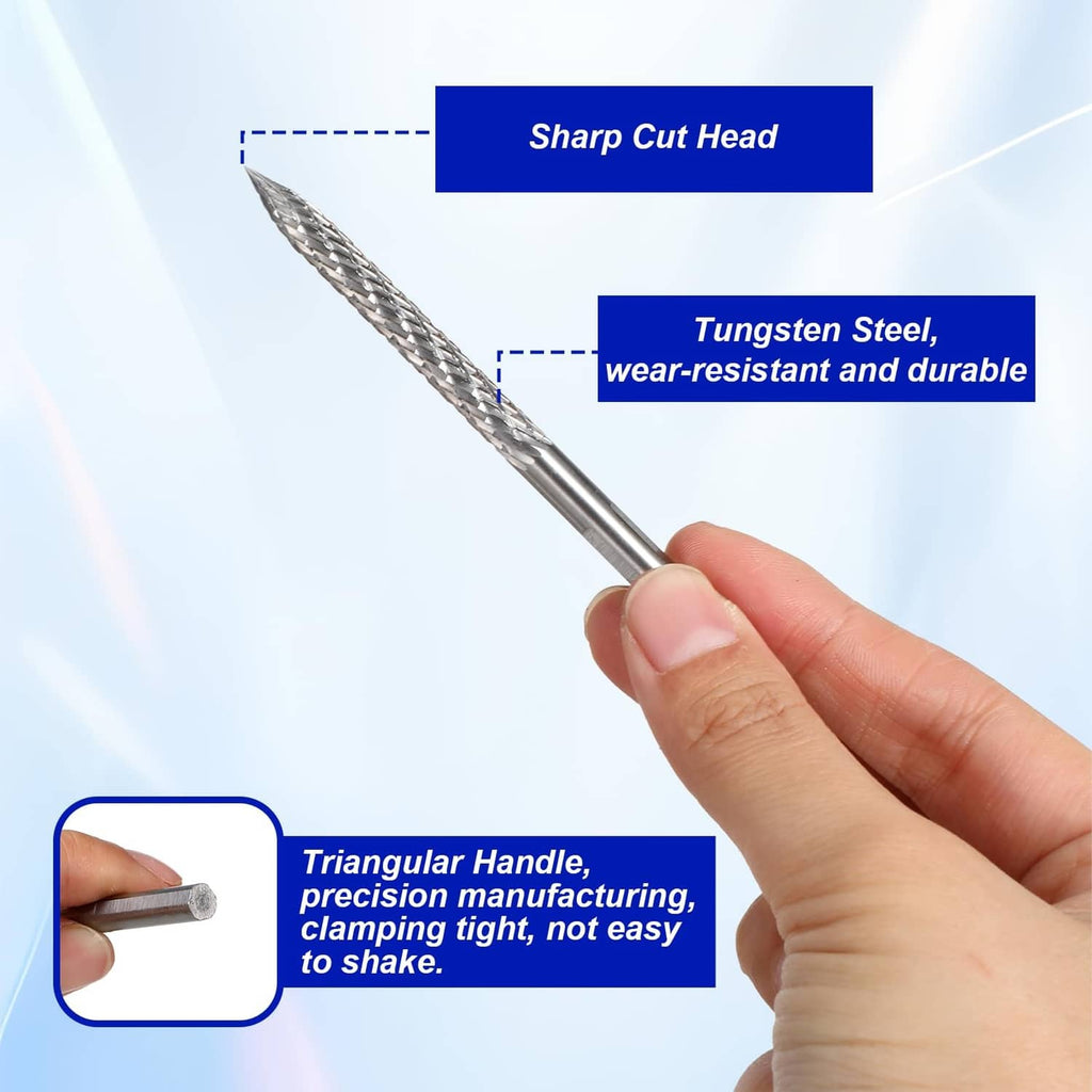 Tire reamer drill bit with sharp triangular cutting head on a silver steel shaft