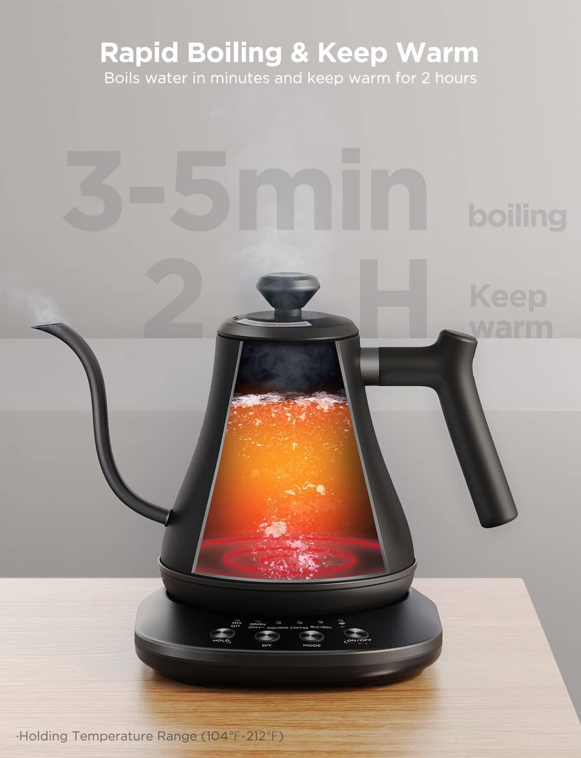 Black gooseneck electric kettle on heating base with illuminated boil indicator