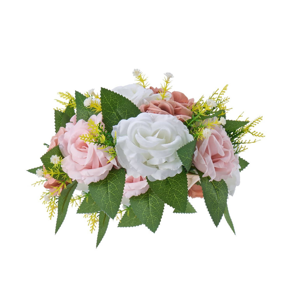 9.5-inch pink and white floral ball with mixed faux roses and green leaves
