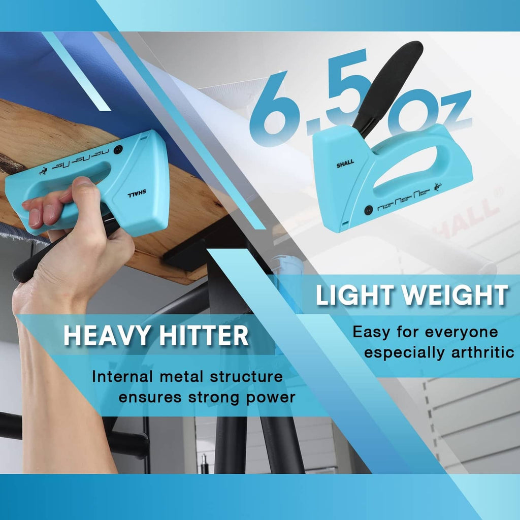 Light blue staple gun with black handle, lightweight design