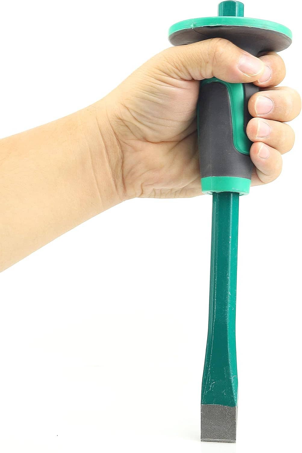 Masonry chisel with shock-absorb handle and hand protector, teal flat chisel tip
