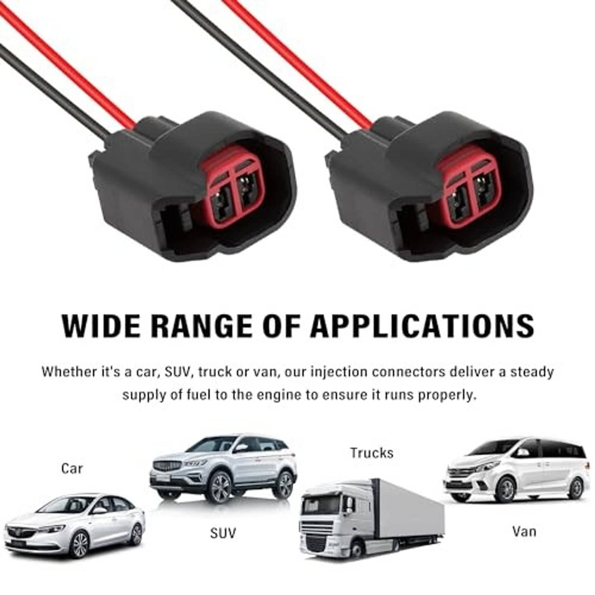 Two fuel injector connector pigtails with black housings and red terminal openings