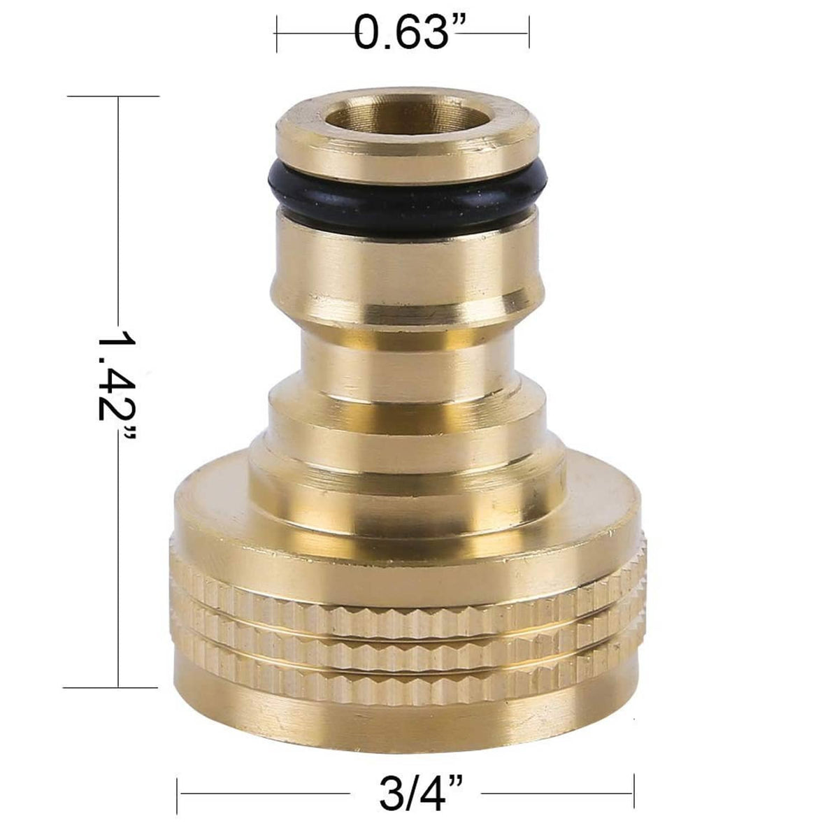 3/4 in brass garden hose connector with knurled grip and black rubber seal