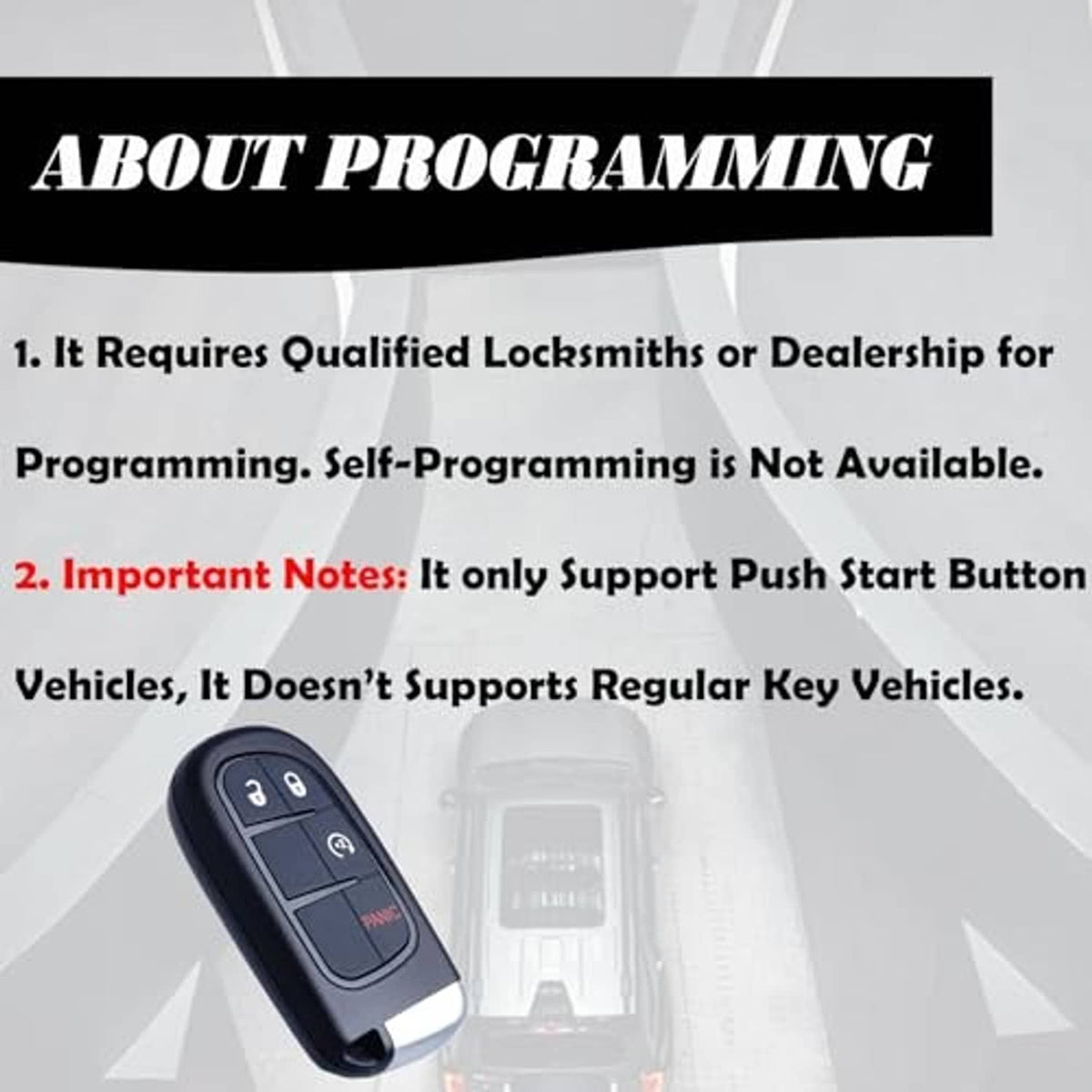 Key fob programming information graphic with requirements and push-start vehicle notes.
