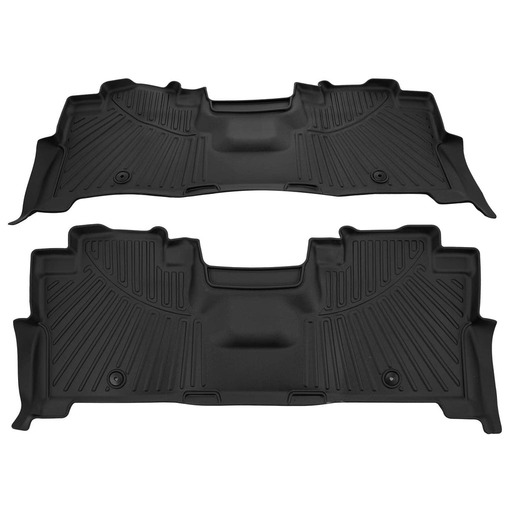 Black molded all-weather floor mats with raised grip texture and circular grommet holes
