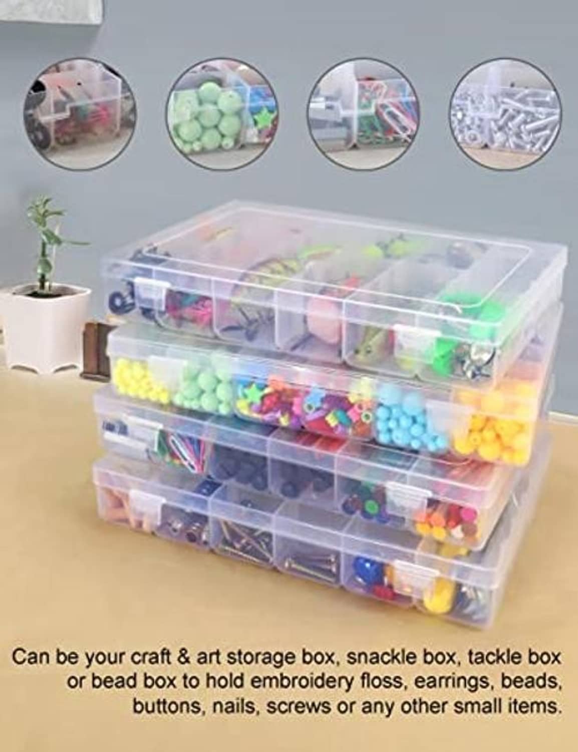Transparent 4-layer organizer case with compartments; small bead and parts samples in inset circles