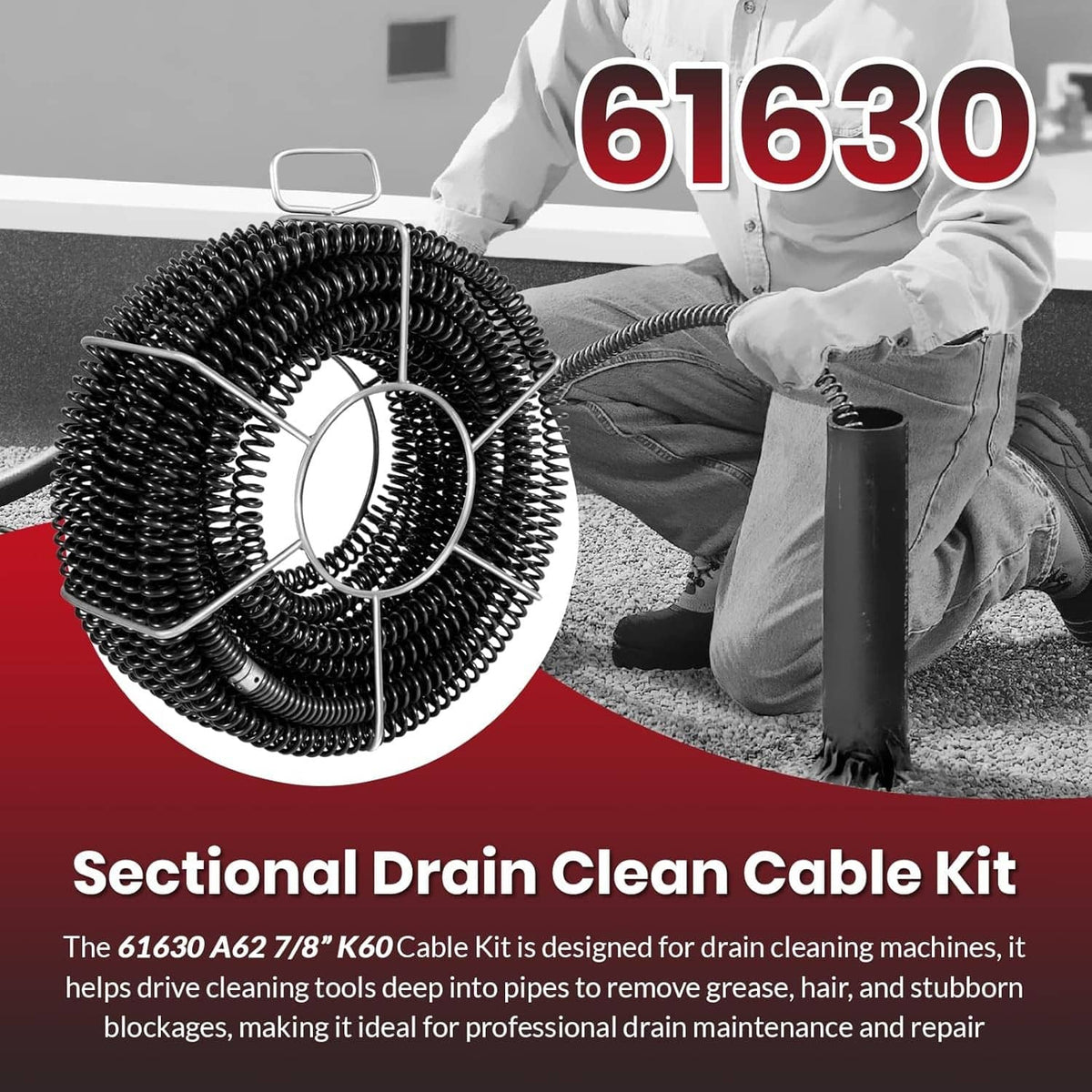 Coiled black drain cleaning cable with looped metal carrier frame