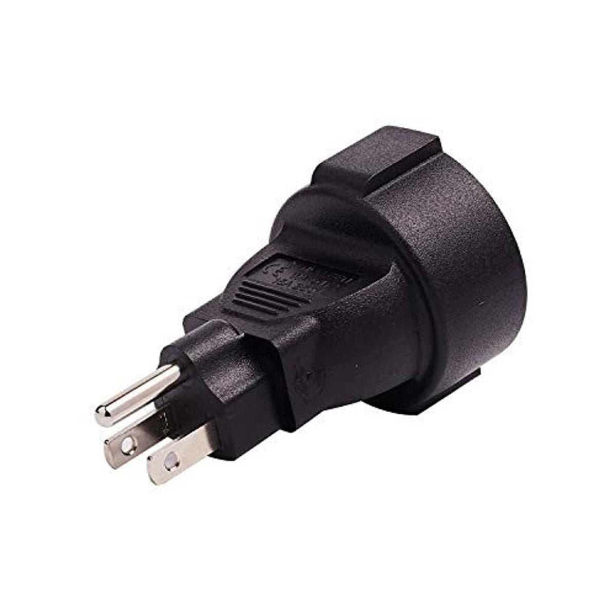 Power adapter with US NEMA 5-15 plug, black body and grounding prong
