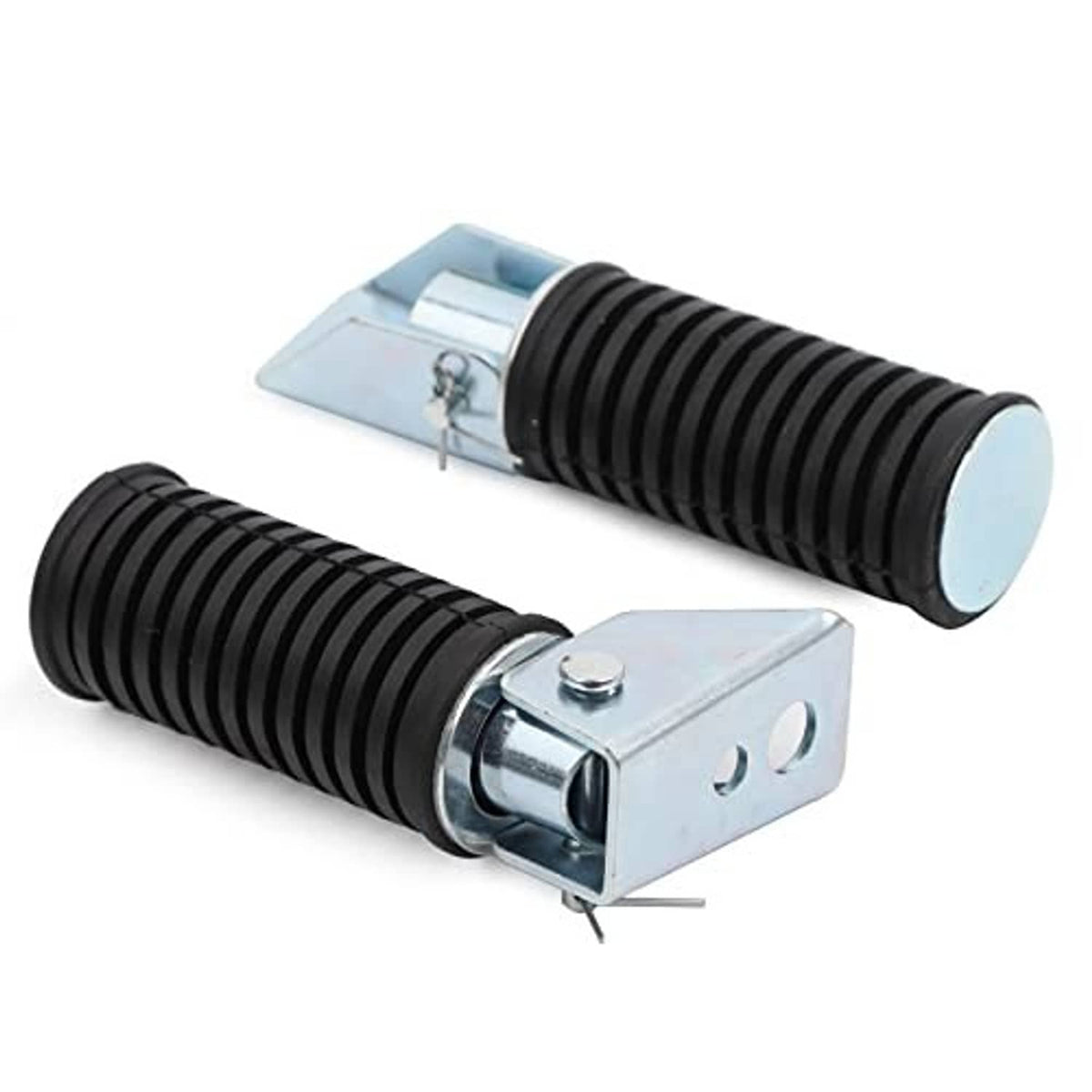 Folding mini bike foot pegs showing black ribbed rubber and silver underside brackets