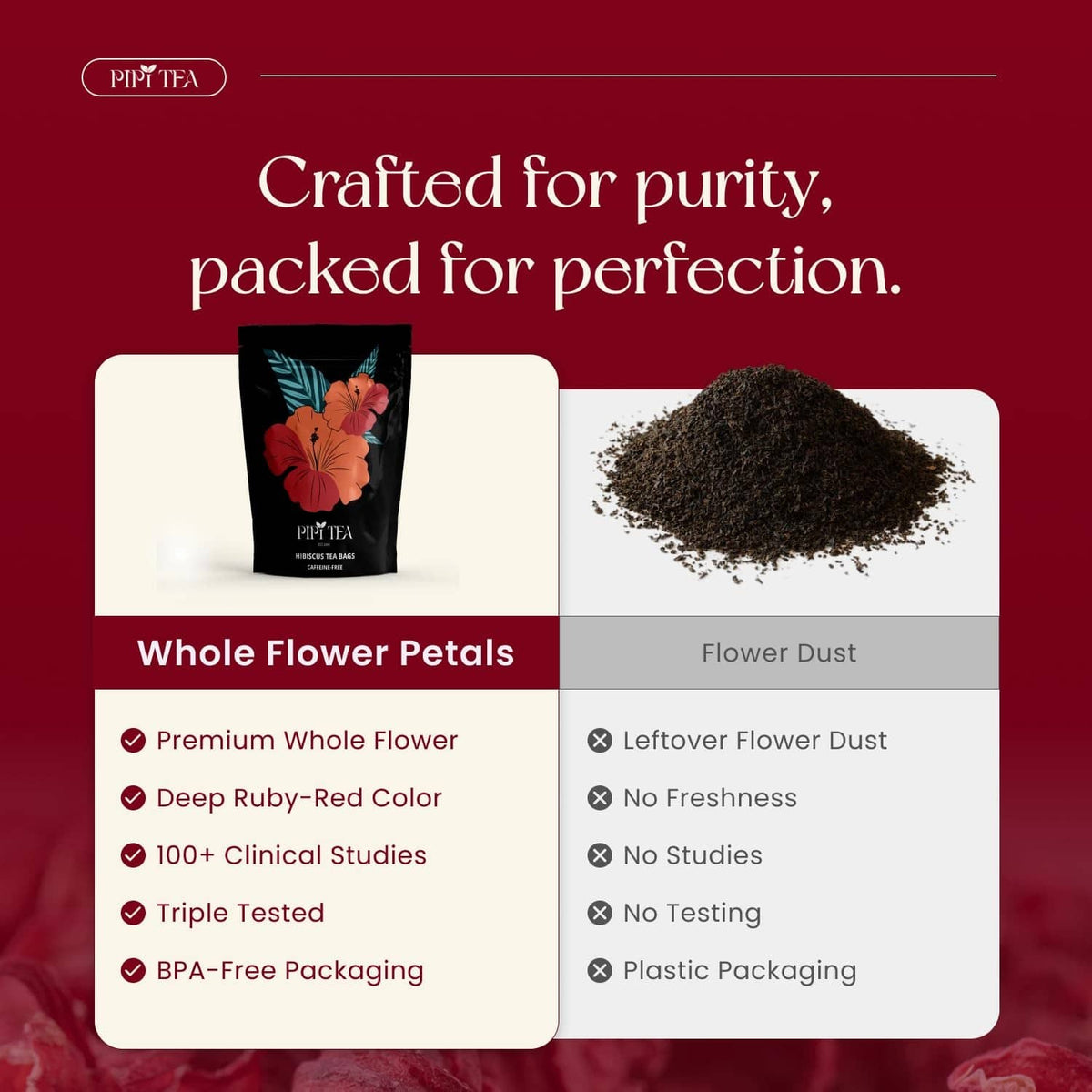 Hibiscus tea pouch showing whole flower petals and separate flower dust