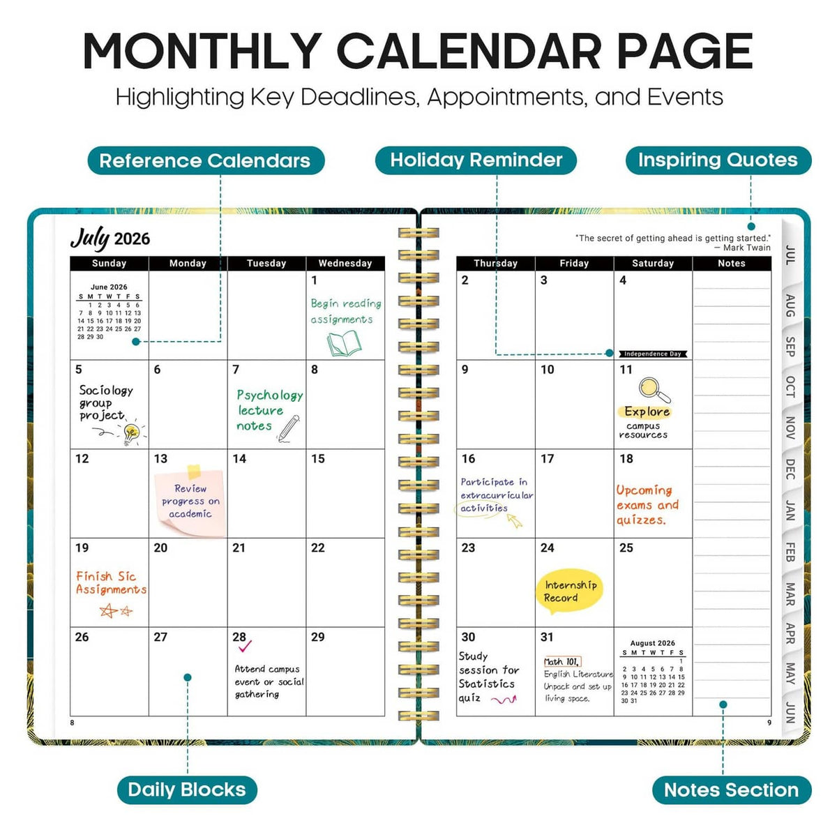Monthly calendar page with highlighted key deadlines, appointments, and notes sections
