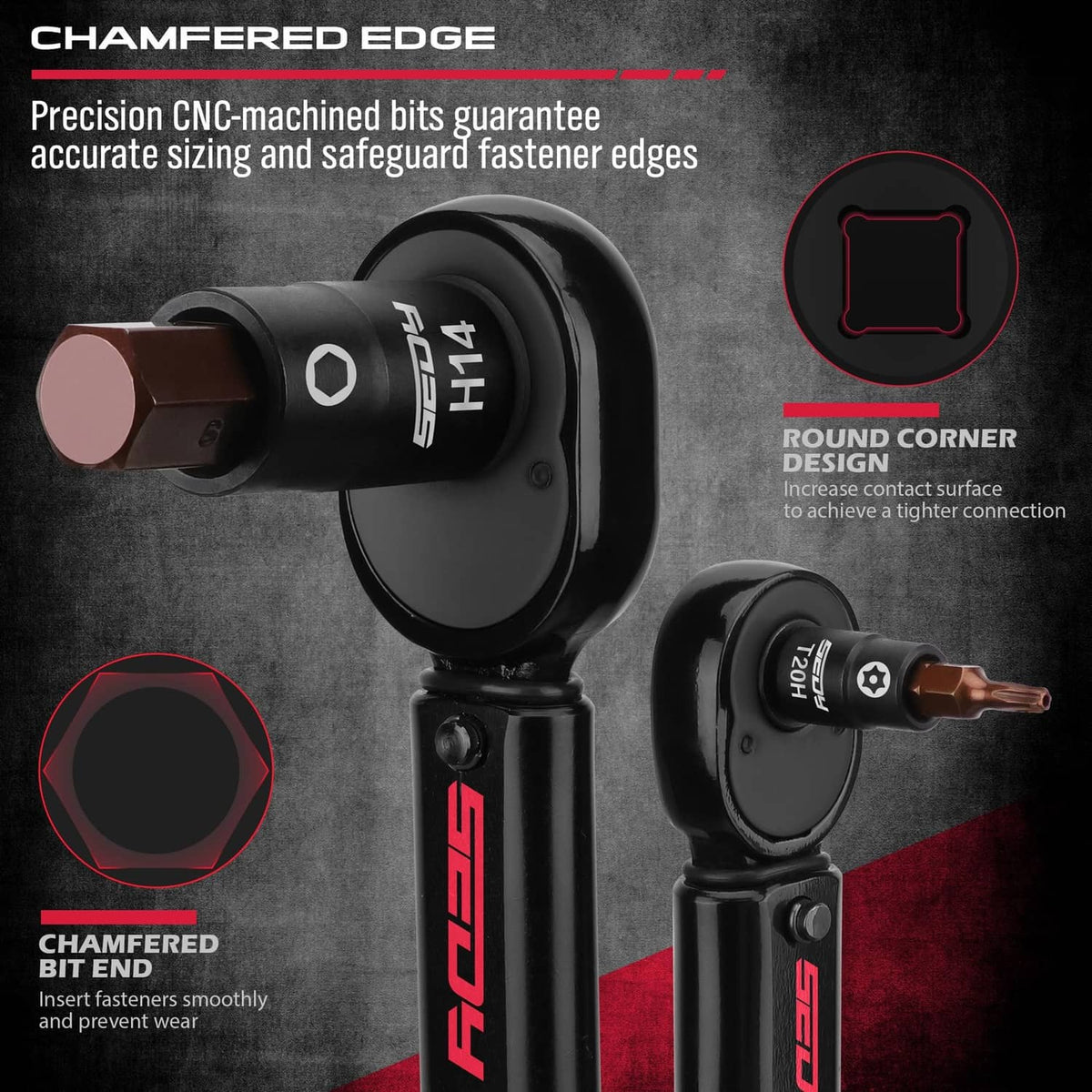 Hex and torx bit sockets with chamfered ends, in black and brown finishes