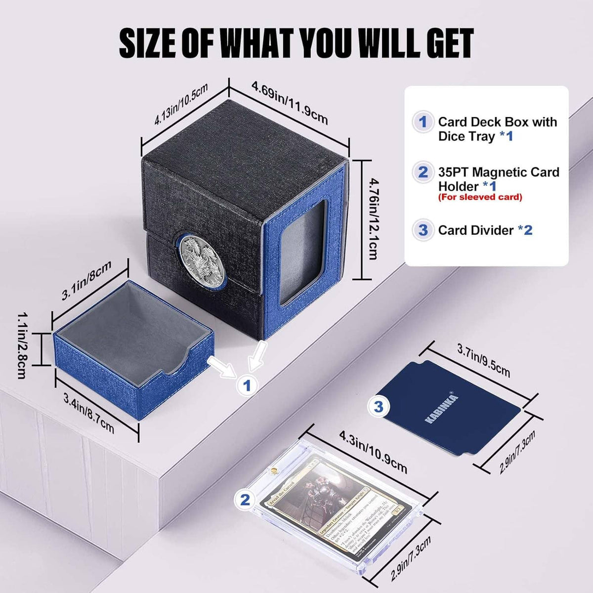 Black and blue deck box with open tray and divider layout, size diagram view