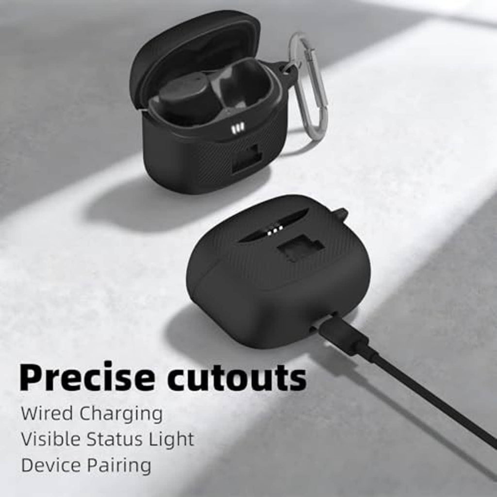 Black silicone earbud case with wired charging cutout and visible status light opening