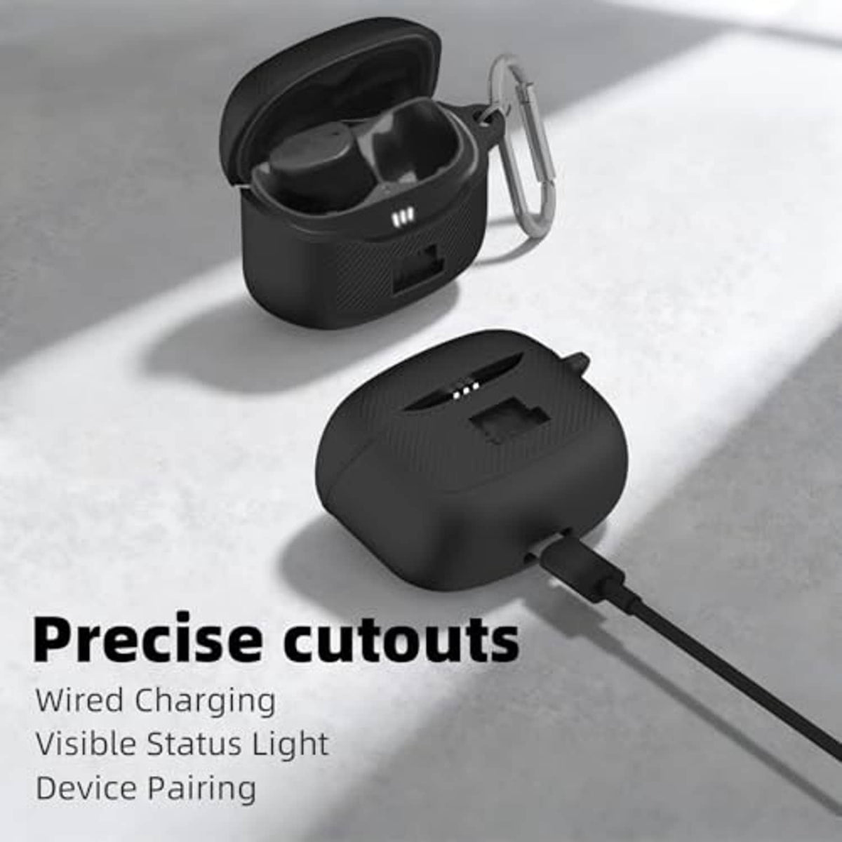 Black silicone earbud case with wired charging cutout and visible status light opening