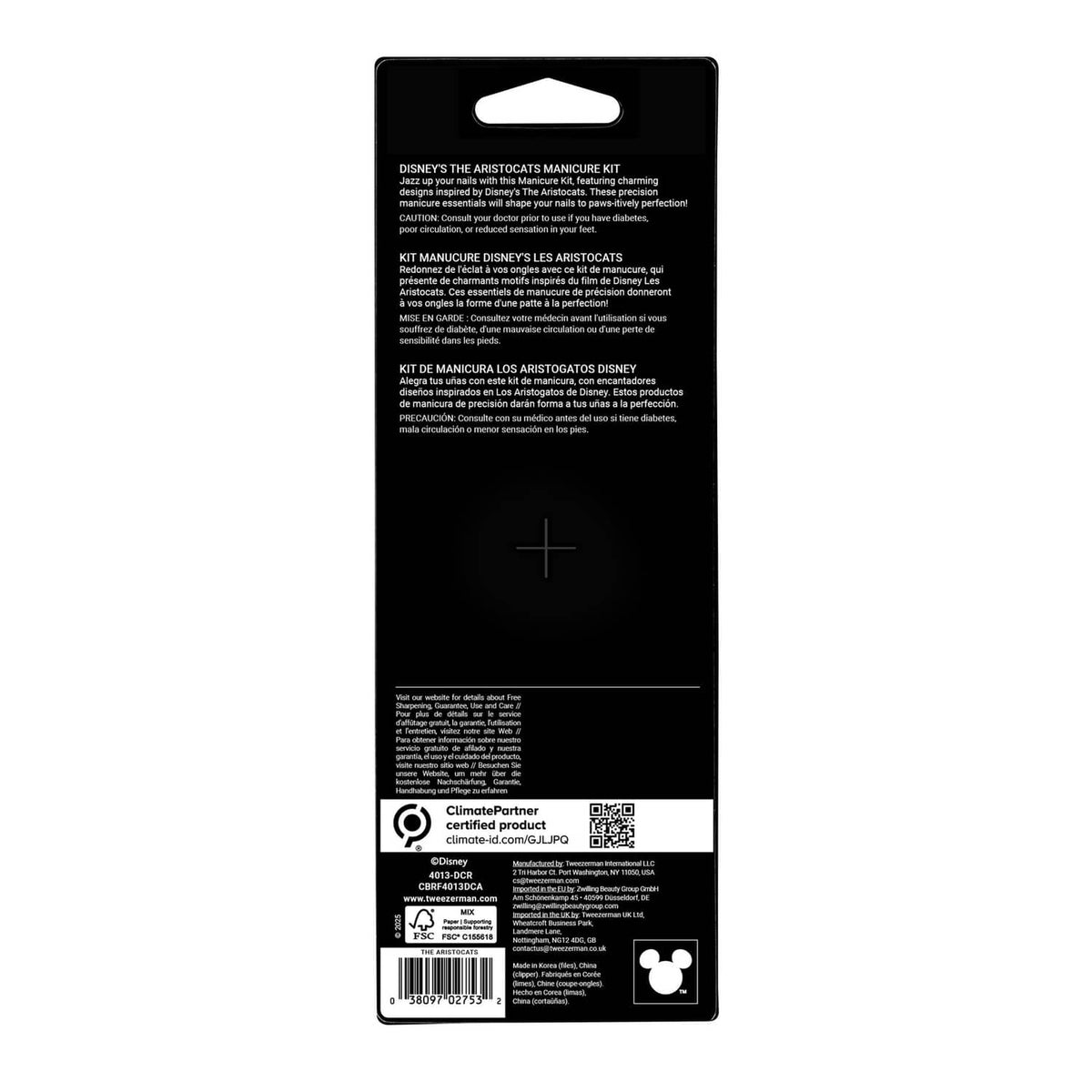 Tweezerman Disney manicure kit package back with product text and icons