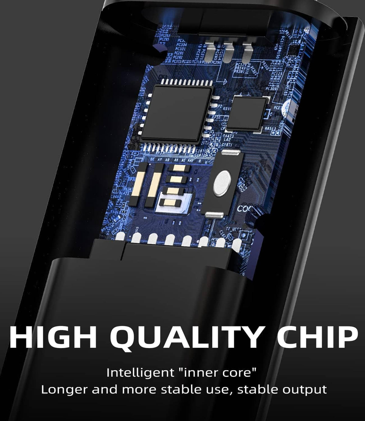 USB-C to Lightning adapter with visible internal circuit board inside metal body