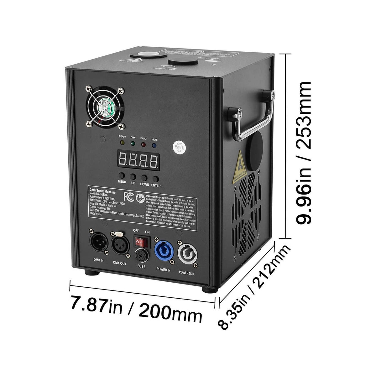 Back view black cold spark machine with handle and ventilation vents, with size callouts