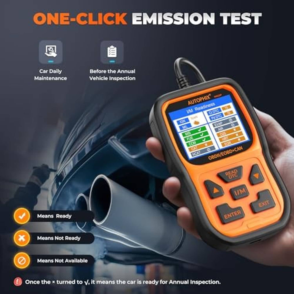 Orange OBD2 scanner held near exhaust, LCD shows emission test status