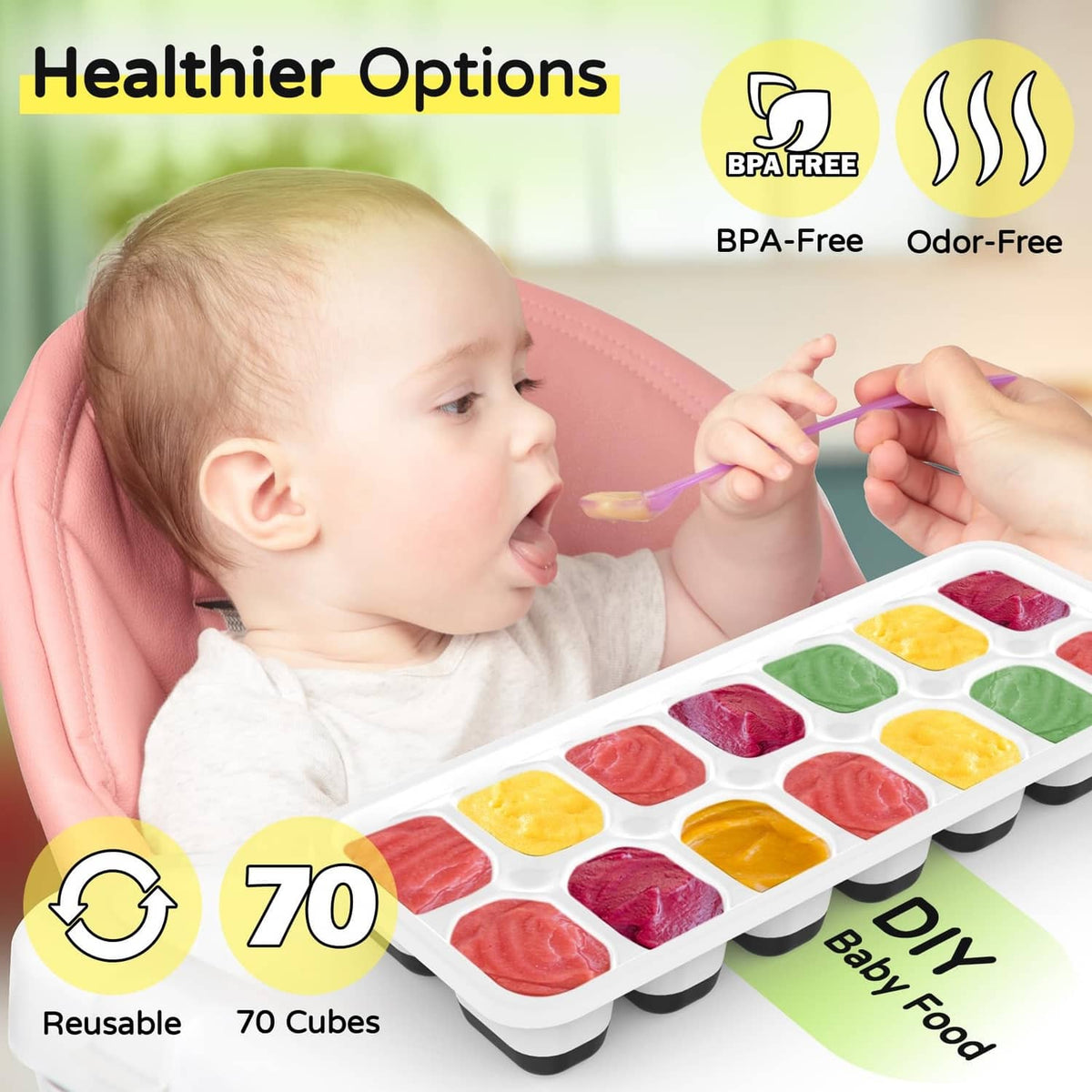 Ice cube tray with lid featuring colorful cube slots, reusable design with 70-cube capacity