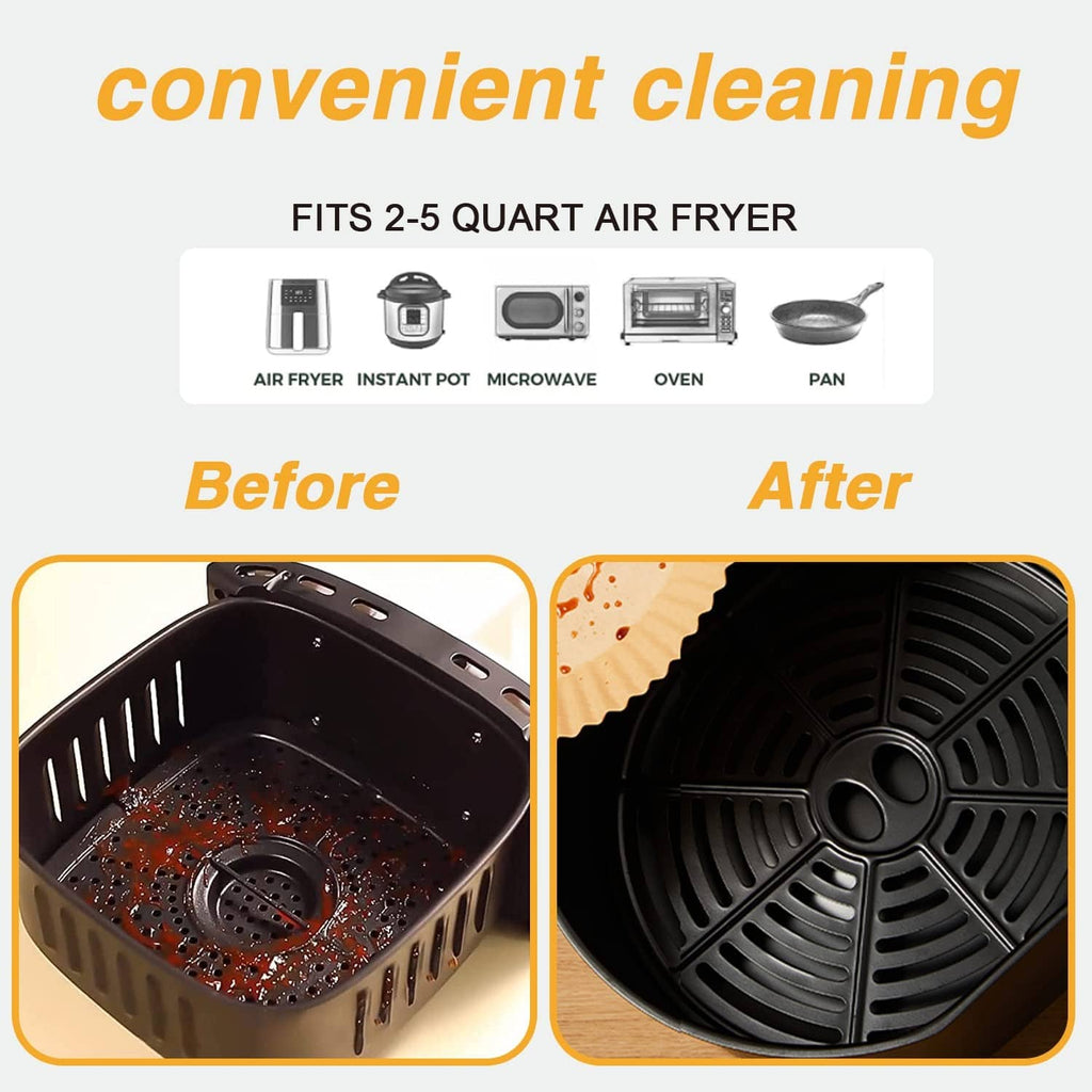 Air fryer basket lined with brown paper liners to help keep cooking surfaces clean.