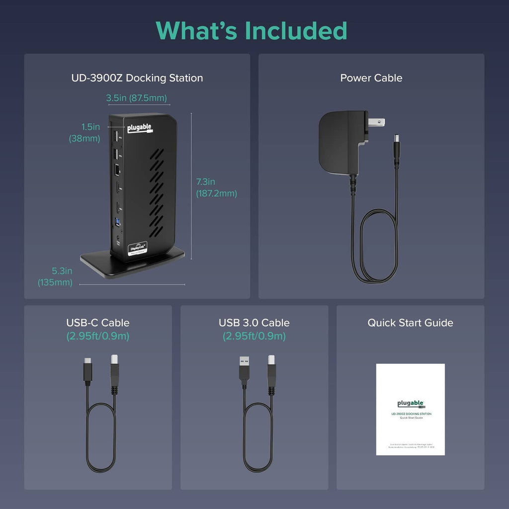 Included items: black docking station, power, USB-C/USB-A cables, quick start guide