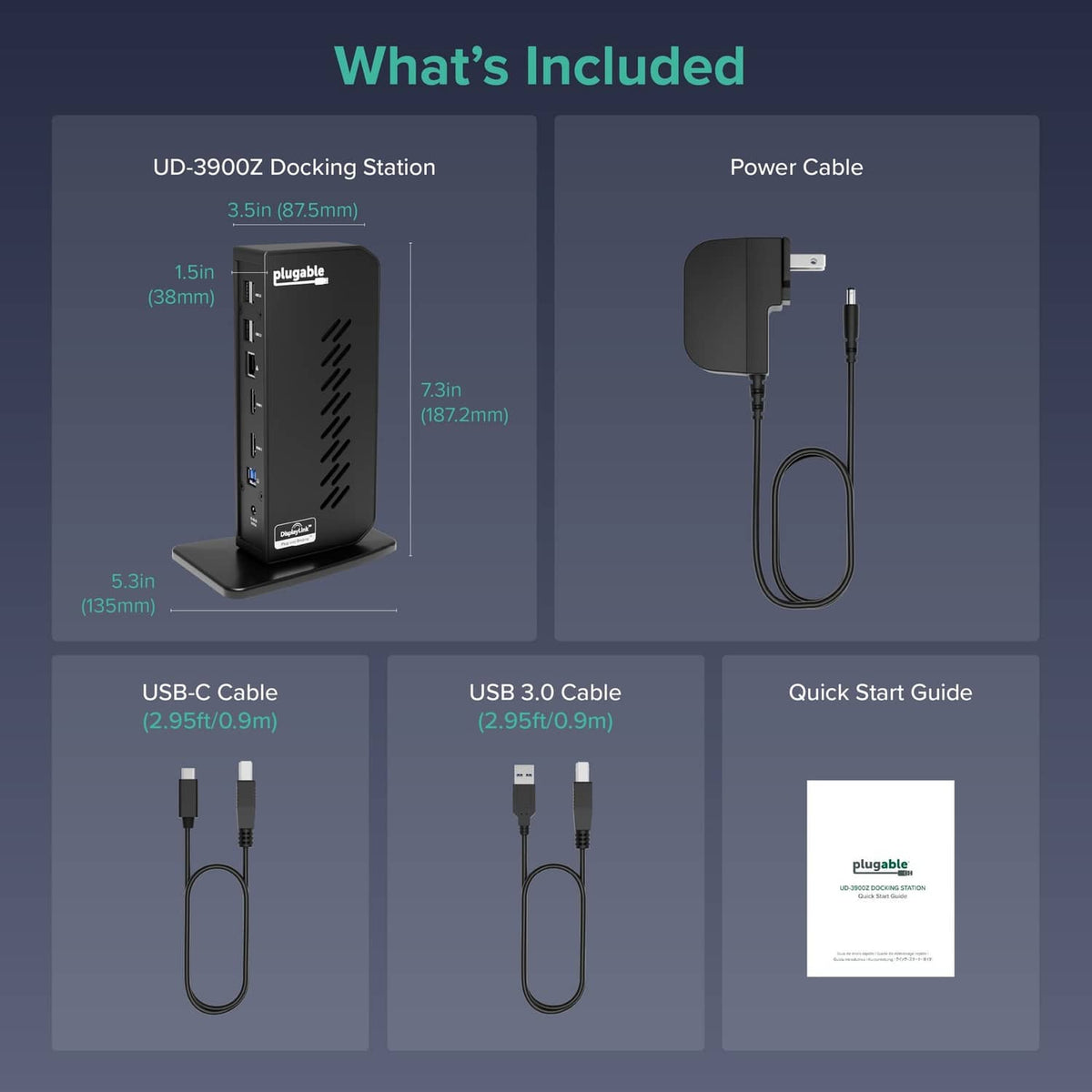 Included items: black docking station, power, USB-C/USB-A cables, quick start guide