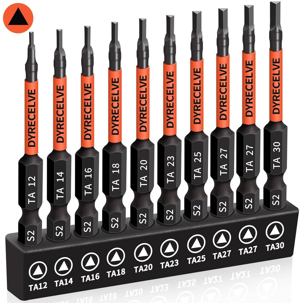 Triangle drive bit set with black bits, orange shafts, and TA size labels on holder