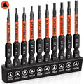 Triangle drive bit set with black bits, orange shafts, and TA size labels on holder