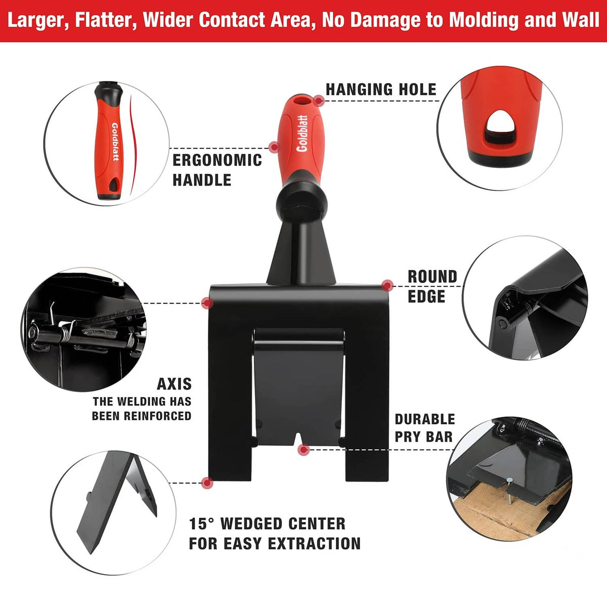Trim puller head and red ergonomic handle with labeled tool features diagram