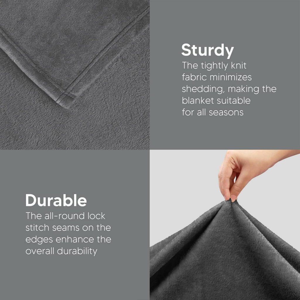 Grey fleece blanket close-up with visible seam stitching along the folded edge.