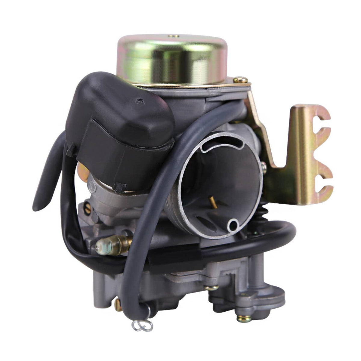 Carburetor with black choke cover, gray housing, circular intake, and gold mounting bracket