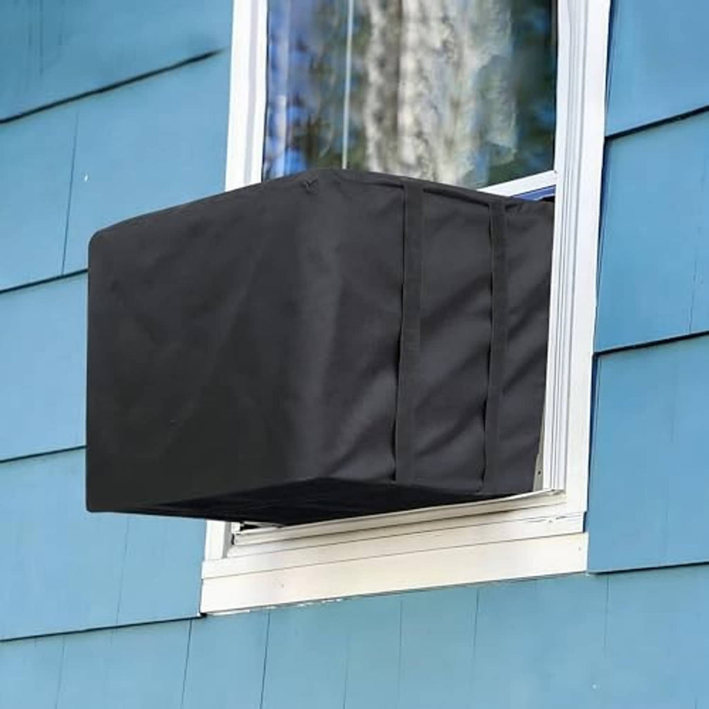 Outdoor window AC unit cover with structured dark fabric and draped front opening.