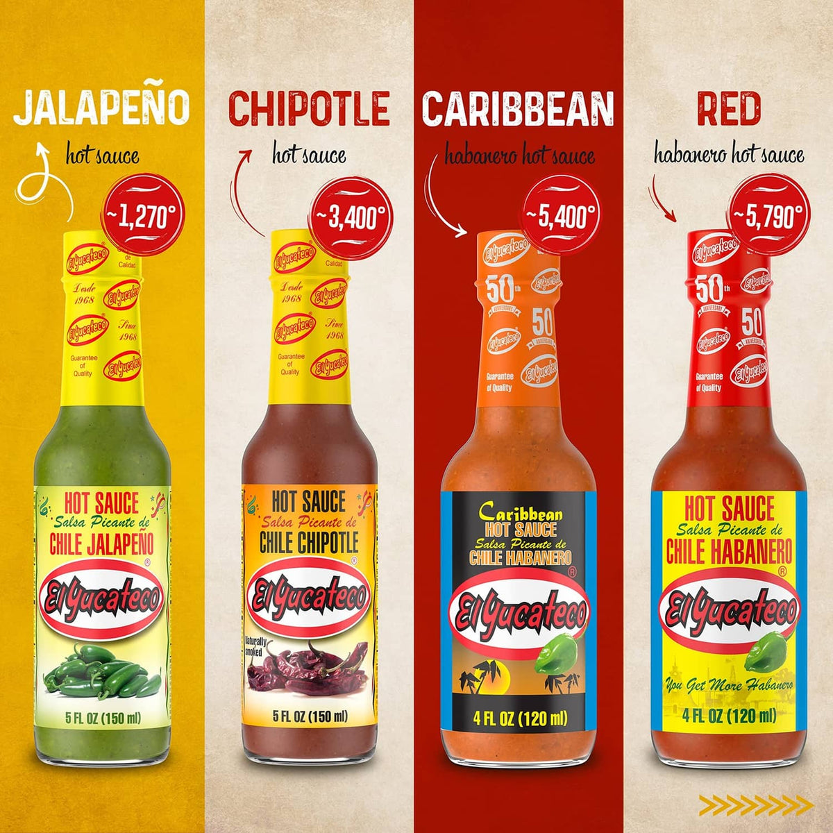 El Yucateco hot sauce bottles: jalapeno, chipotle, caribbean, and red
