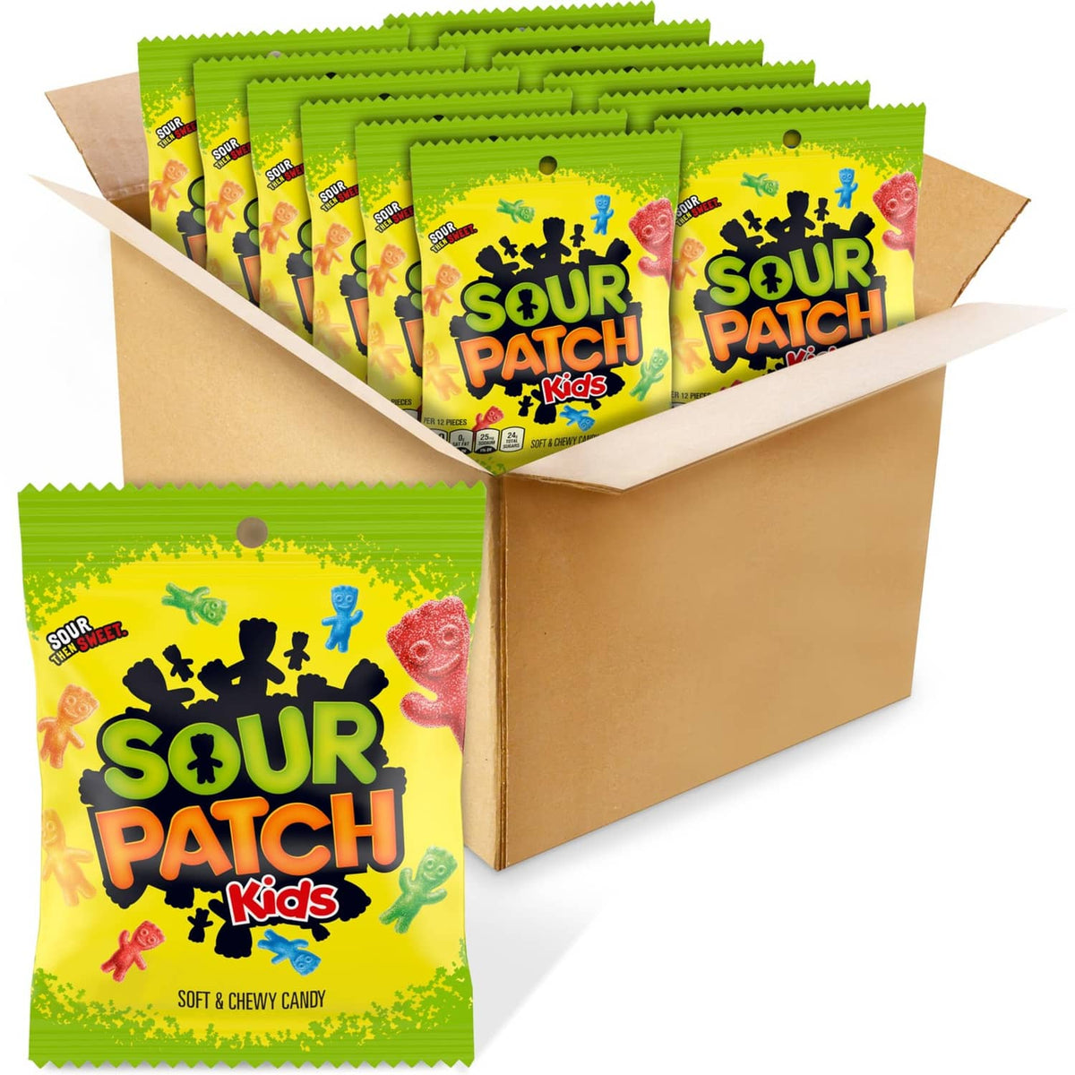 Sour Patch Kids candy pack with multiple sealed pouches in a cardboard display box