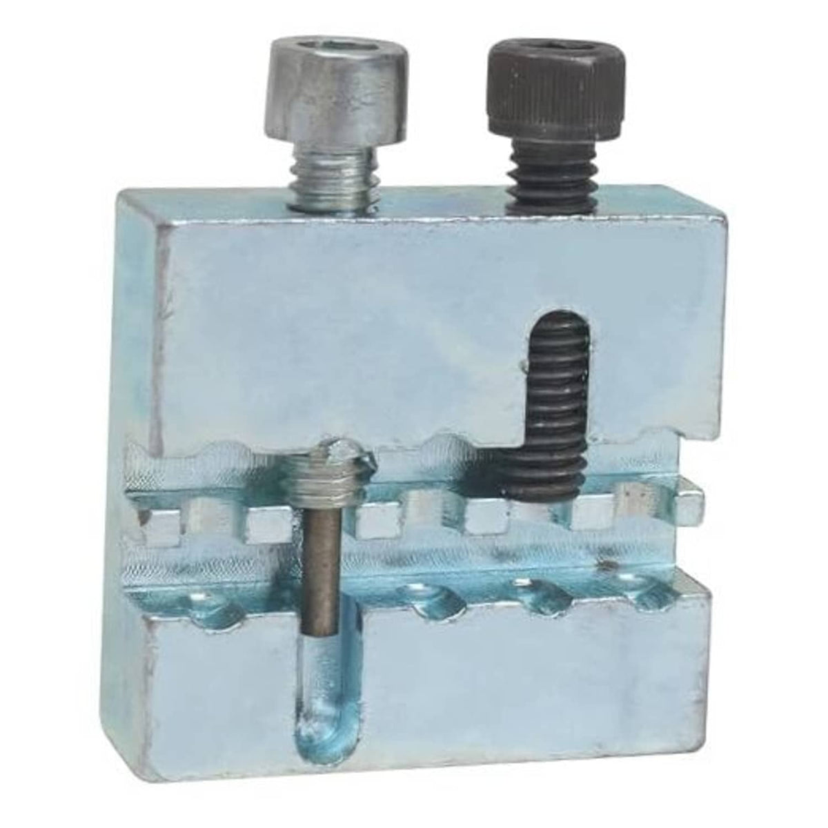Metal chain breaker tool with blue housing and two knurled screw caps