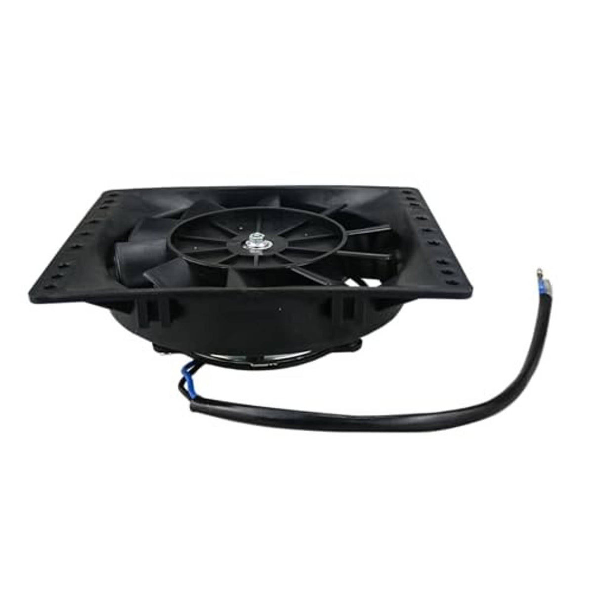 Black 6-inch radiator cooling fan with square base mount and attached power cable