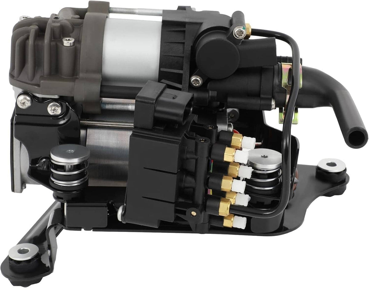 Air suspension compressor pump, close side view with black components, silver cylinder, valve fittings