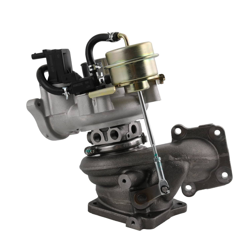 Turbocharger assembly with actuator, black intake hose, and metal oil feed line