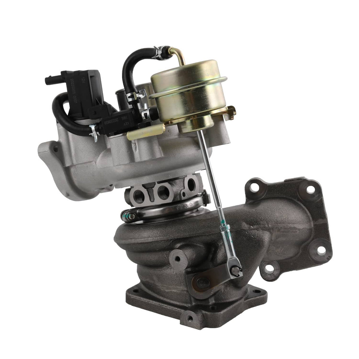 Turbocharger assembly with actuator, black intake hose, and metal oil feed line