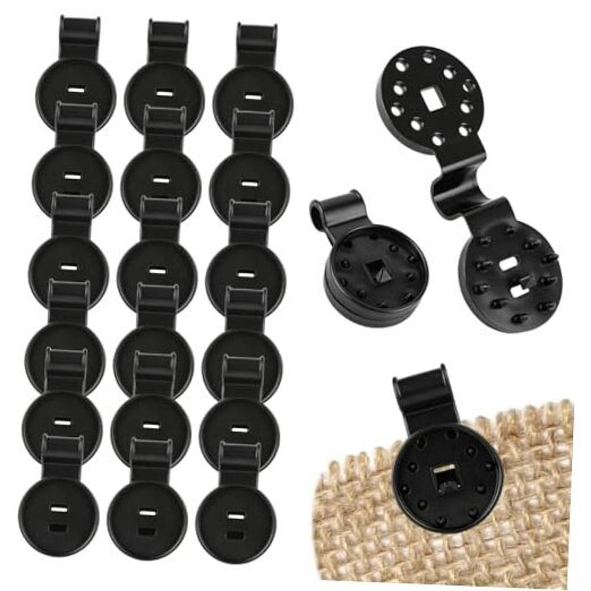 Heavy-duty black plastic shade cloth clips and tarp clips with barbed round bases