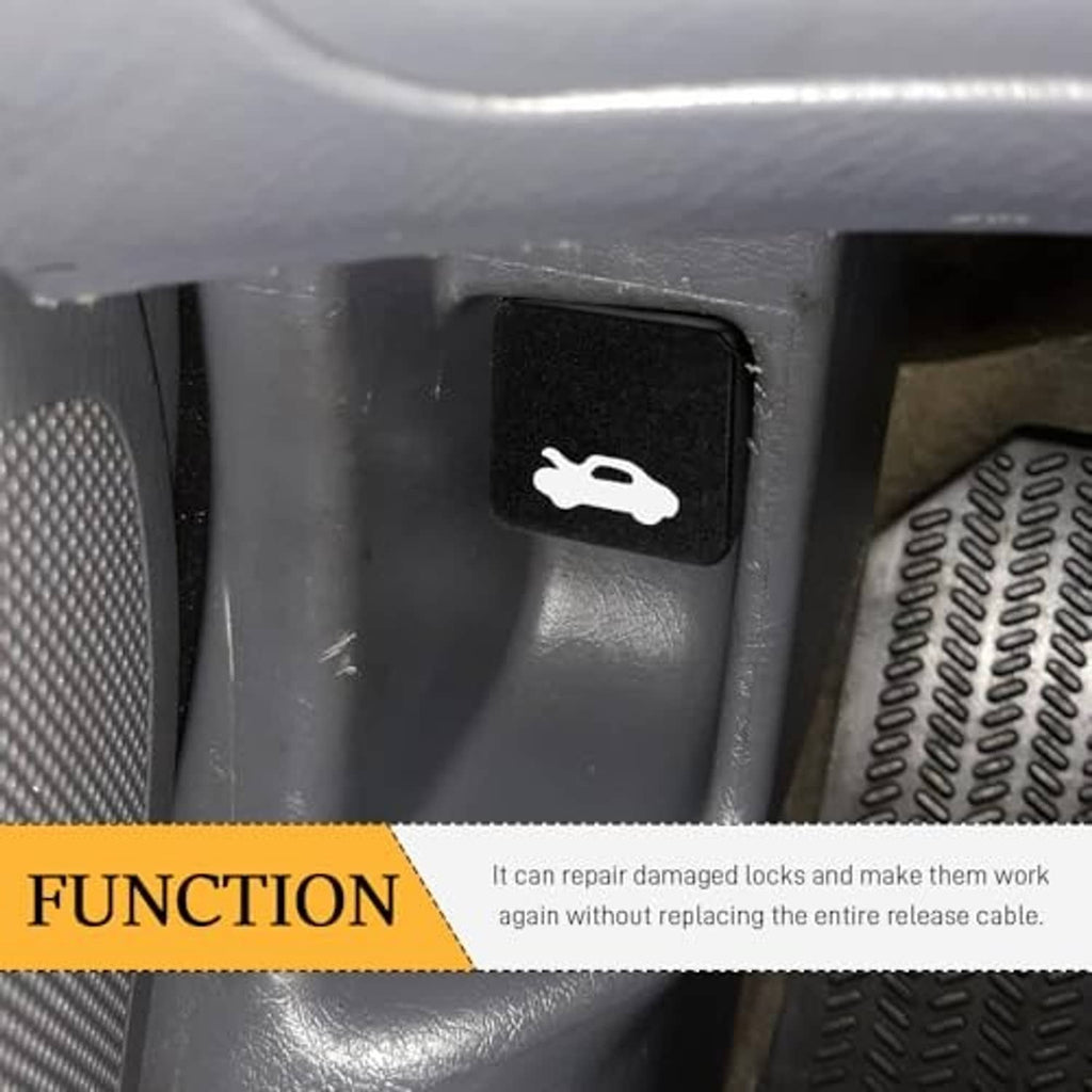 Black hood release latch button on car interior panel, with wrench icon