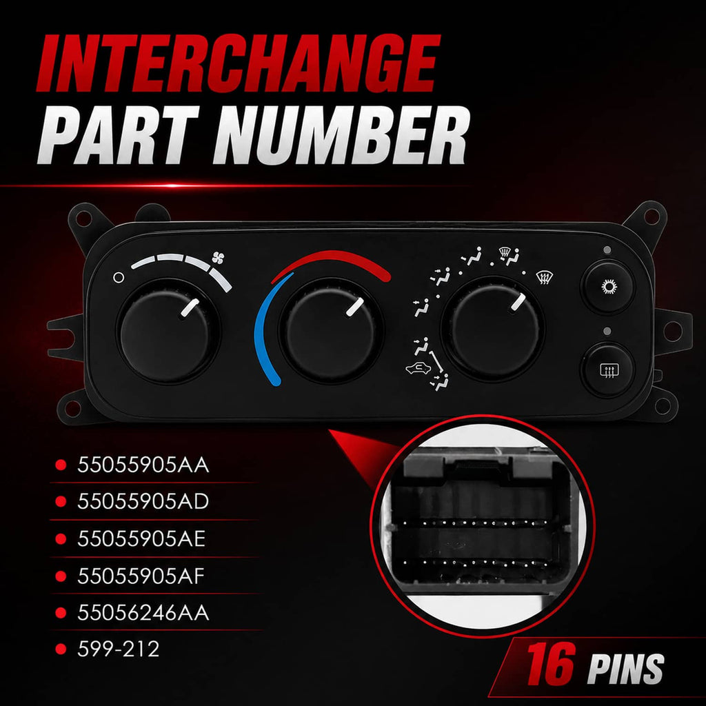 A/C heater climate control module with four circular dials and colored indicator arcs