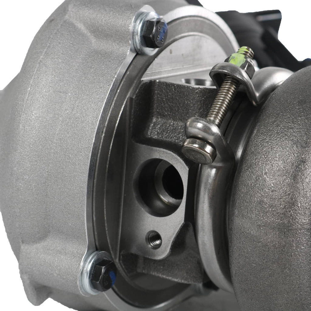 Turbo bearing housing with metal spring clamp and actuator linkage, gray.