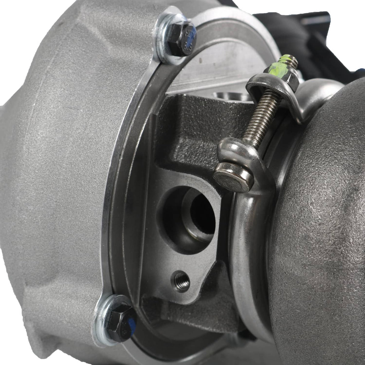 Turbo bearing housing with metal spring clamp and actuator linkage, gray.