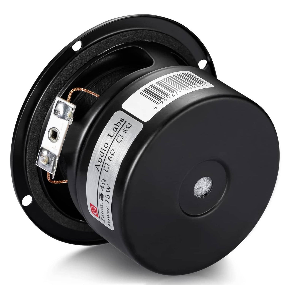 Black speaker driver with back terminals, wiring coil, and circular mounting holes
