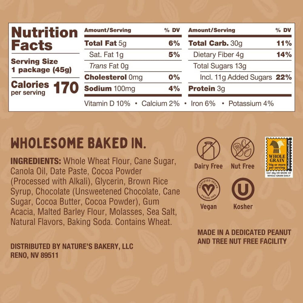 Double chocolate brownie bar package back with Nutrition Facts and ingredients